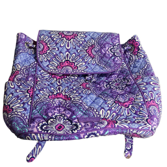 Vera Bradley Drawstring Backpack Lilac Tapestry Medium Tote Buckle Straps Purple - Picture 12 of 12